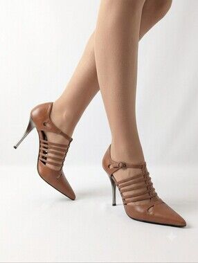 Luichiny Brown Strappy Caged Pointed-Toe Women's Heels